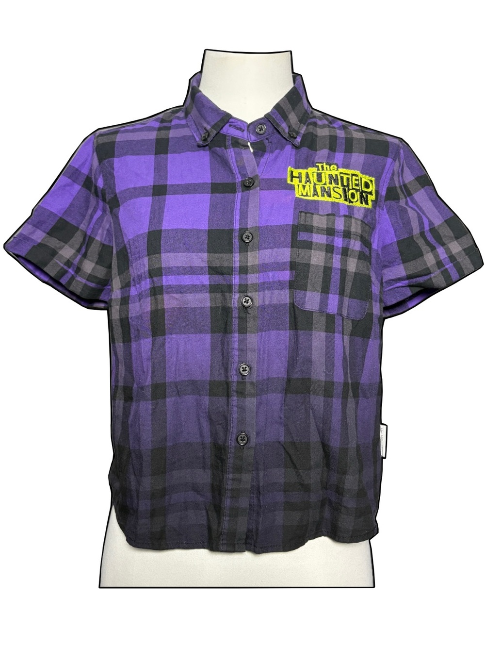 NWT Disney Her Universe Haunted Mansion Purple and Black Plaid Button-Up Shirt